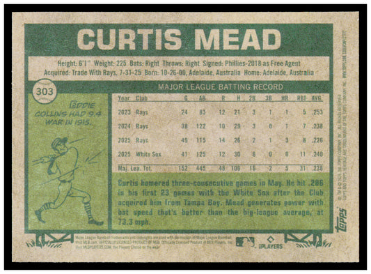 2026 Topps Heritage Curtis Mead Card Chicago White Sox #303