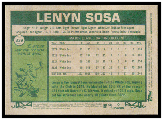 2026 Topps Heritage Lenyn Sosa Card Chicago White Sox #339