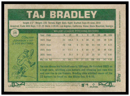 2026 Topps Heritage Taj Bradley Card Minnesota Twins #38