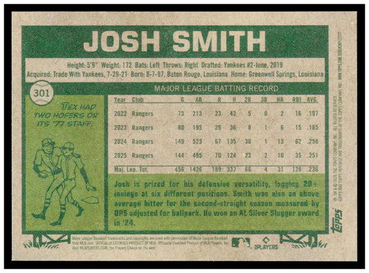 2026 Topps Heritage Josh Smith Card Texas Rangers #301