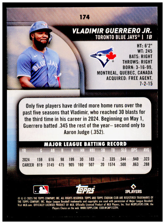 2025 Stadium Club Vladimir Guerrero Jr. Card Toronto Blue Jays #174