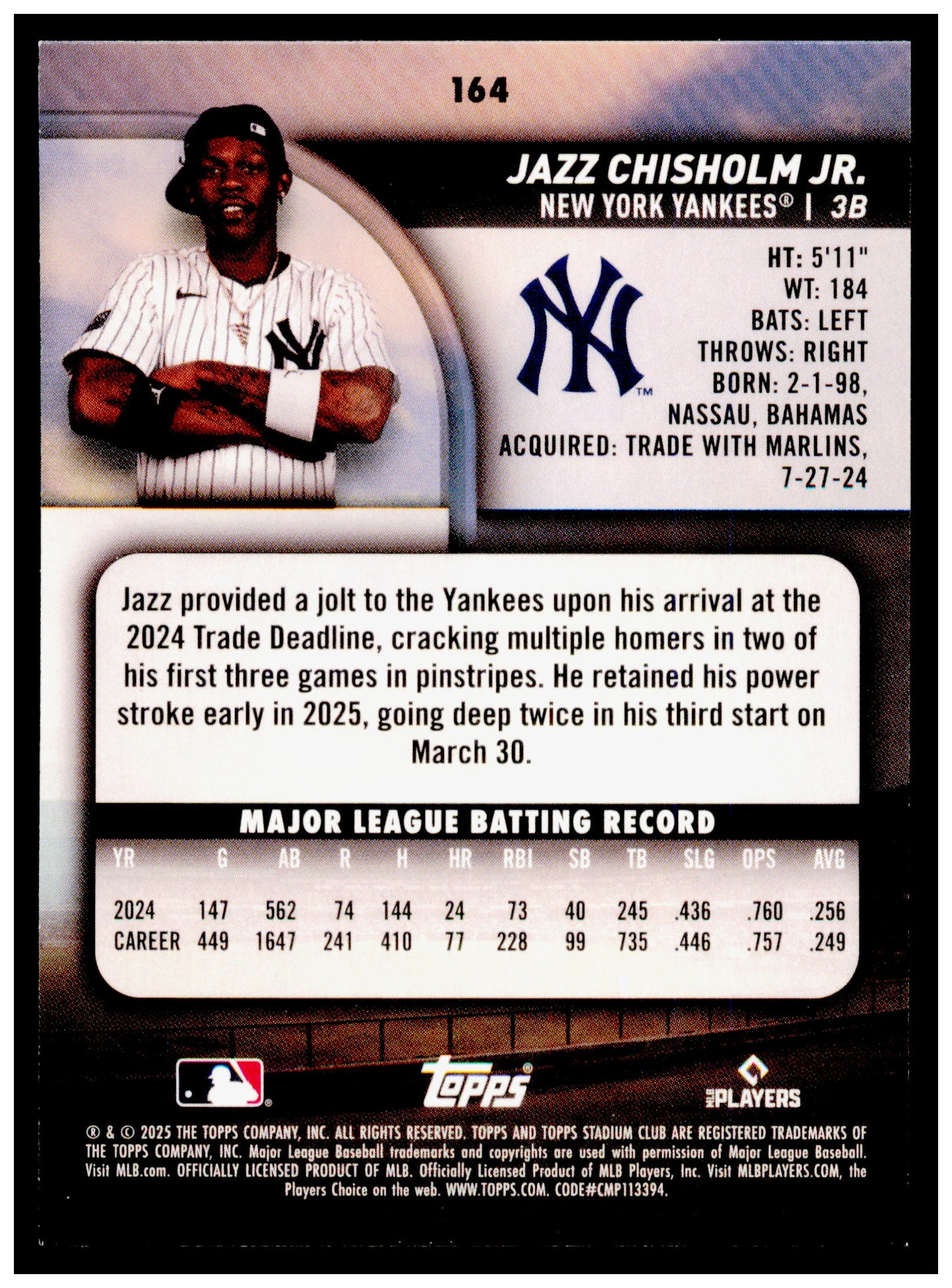 2025 Stadium Club Jazz Chisholm Jr. Card New York Yankees #164