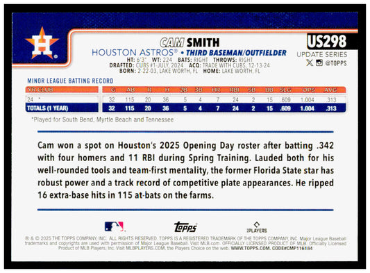 2025 Topps Update Cam Smith Card RC Houston Astros #US298