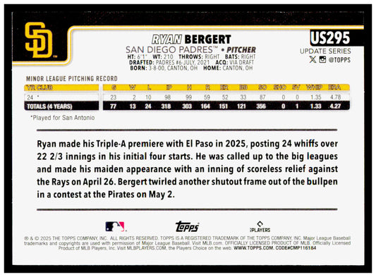 2025 Topps Update Ryan Bergert Card RC San Diego Padres #US295