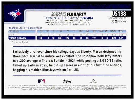 2025 Topps Update Mason Fluharty Card RC Toronto Blue Jays #US138