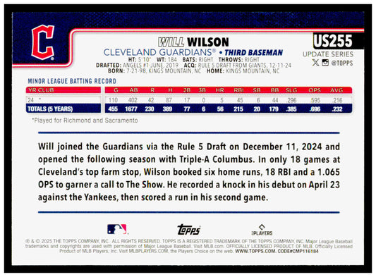 2025 Topps Update Will Wilson Card RC Cleveland Guardians #US255