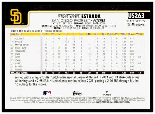 2025 Topps Update Jeremiah Estrada Card San Diego Padres #US263