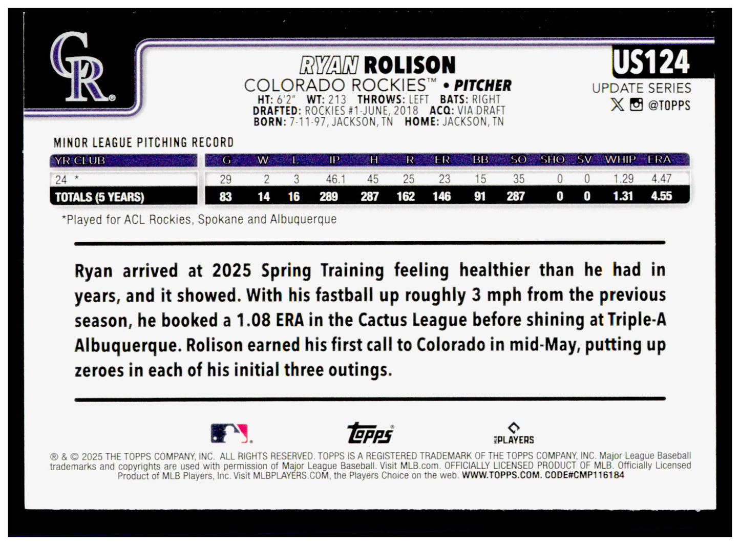 2025 Topps Update Ryan Rolison Card RC Colorado Rockies #US124
