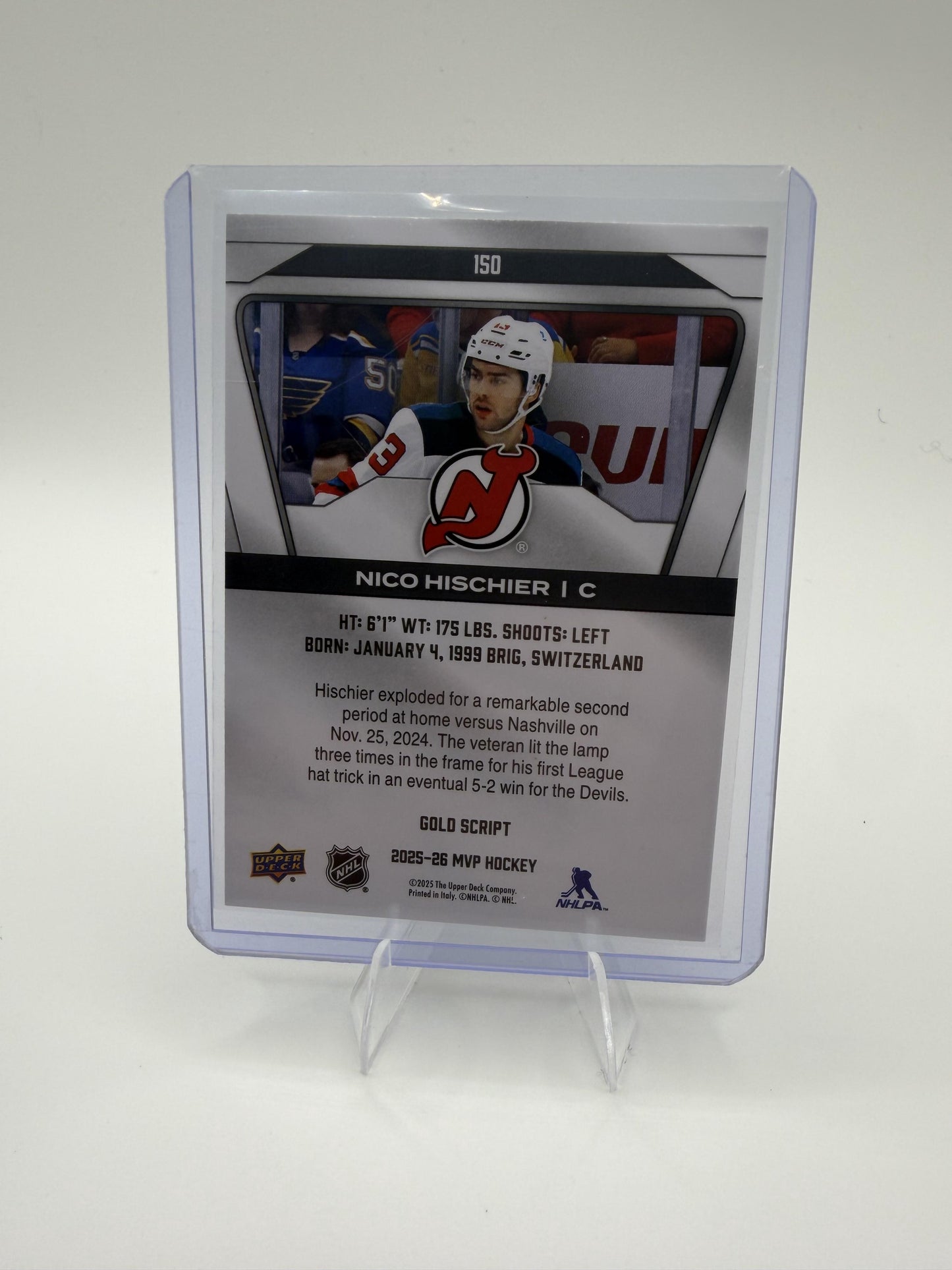 2025-26 Upper Deck MVP Nico Hischier Card Gold Script New Jersey Devils #150