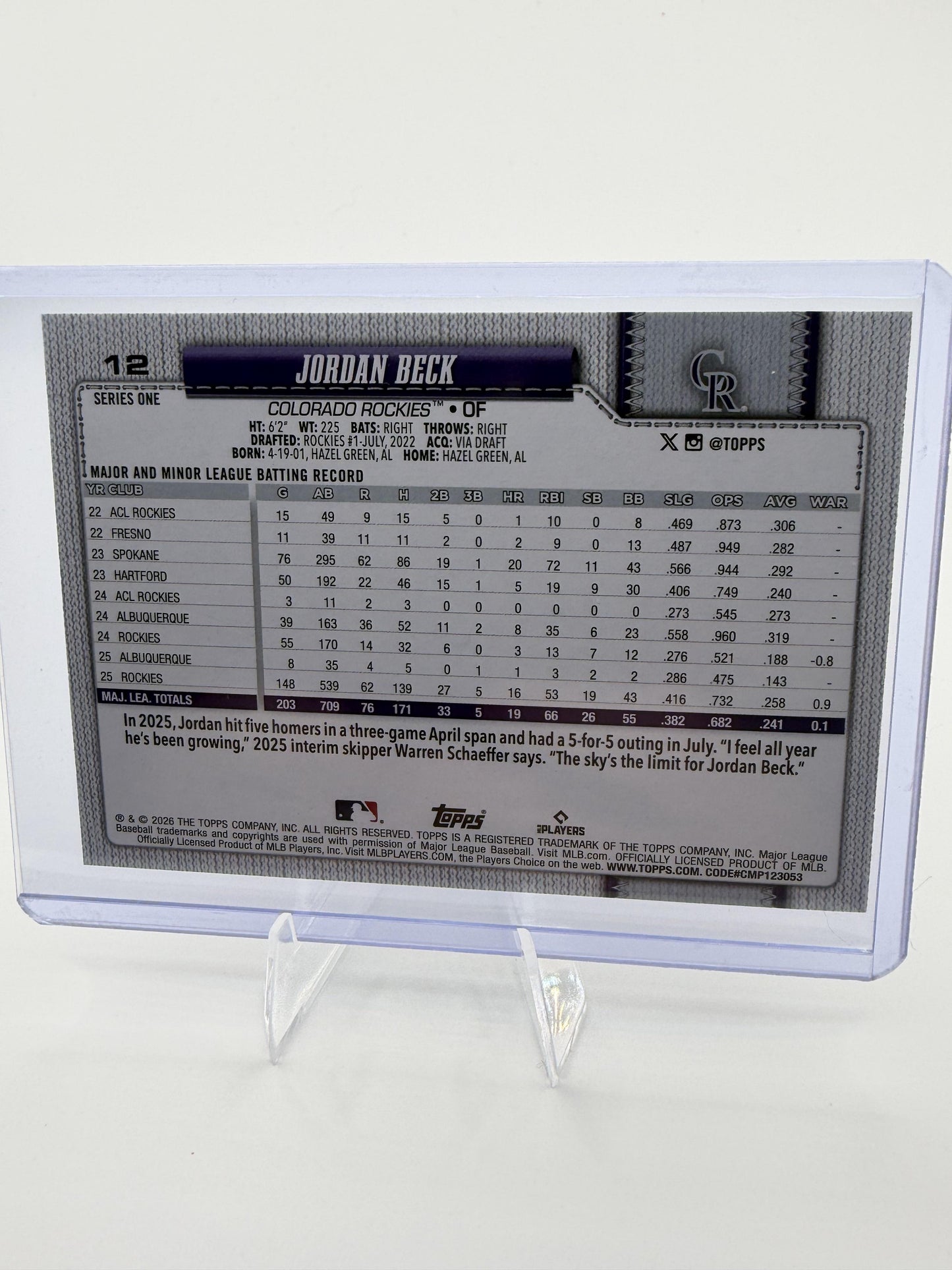 2026 Topps Jordan Beck RC #12 75th Anniversary Diamante Foil Parallel Rockies