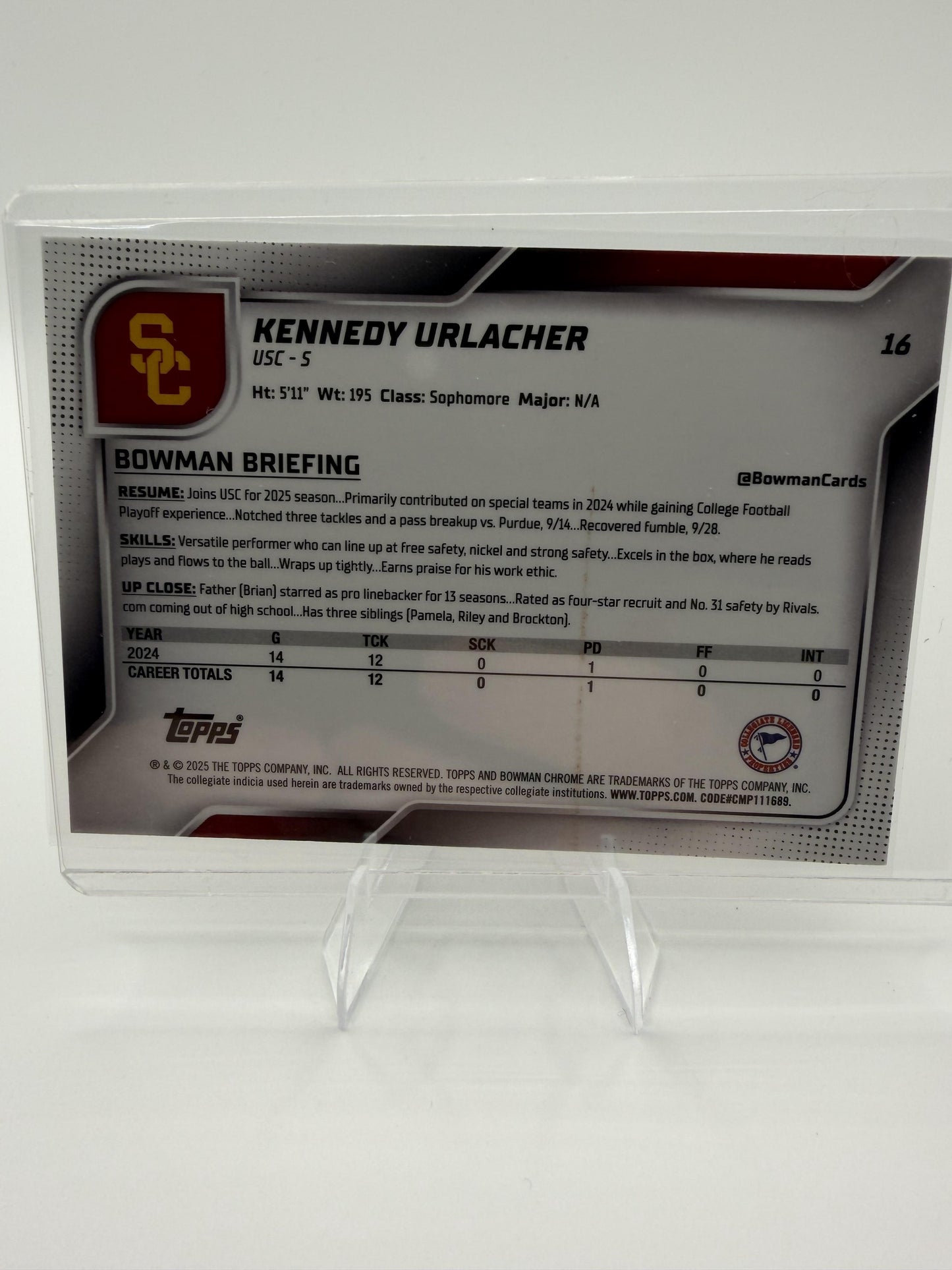 2025 Bowman Chrome University Kennedy Urlacher #16 Checkerboard Parallel USC 1st
