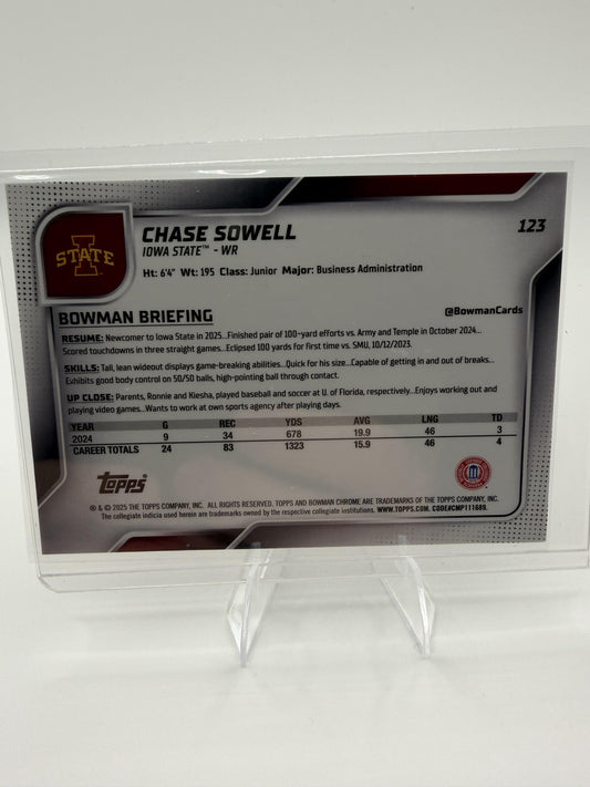 2025 Bowman Chrome University Chase Sowell #123 Pink Lava Refractor 1st ISU