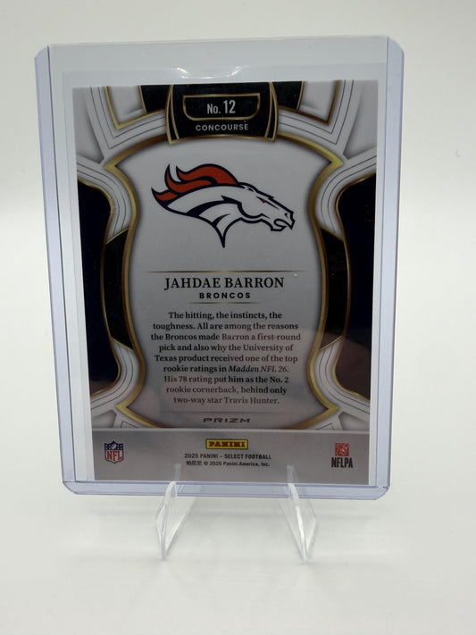 2025 Panini Select Jahdae Barron Card Green & Yellow Prizm Shock RC Broncos #12