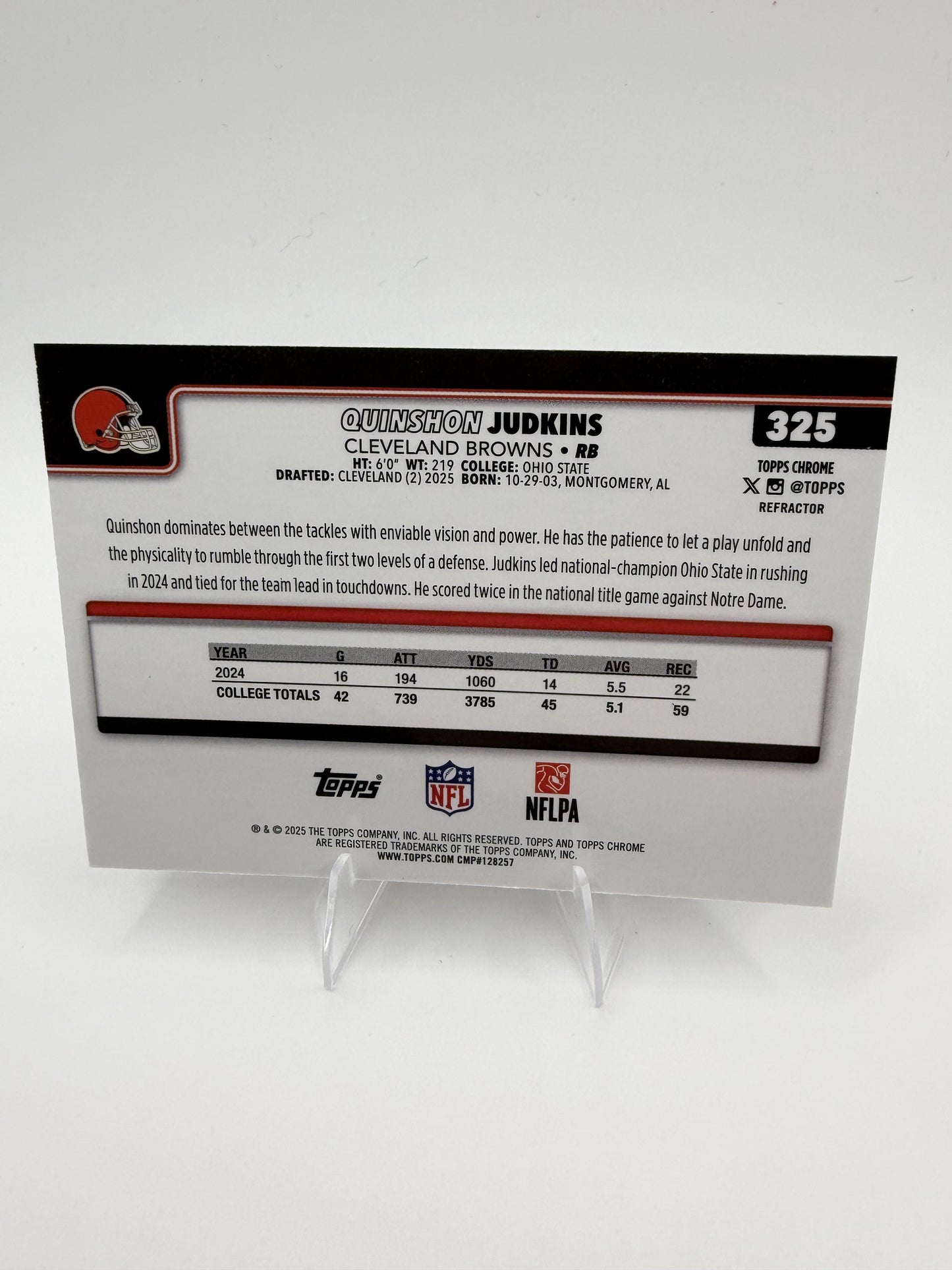 2025 Topps Chrome Quinshon Judkins Refractor RC #325 Browns Rookie Card