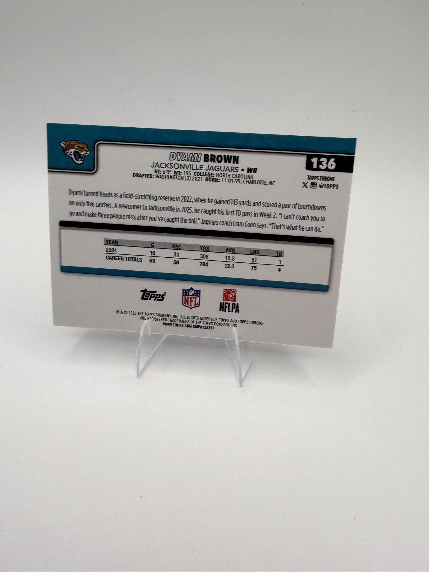 2025 Topps Chrome Dyami Brown #136 Jaguars WR Base Card