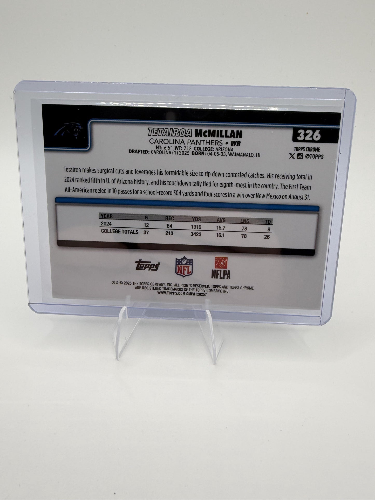 2025 Topps Chrome Tetairoa McMillan RC #326 Carolina Panthers Rookie WR