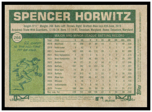 2026 Topps Heritage Spencer Horwitz Card Pittsburgh Pirates #266