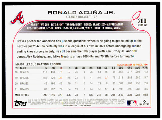 2022 Topps #165 Ronald Acuña Jr. Card Atlanta Braves