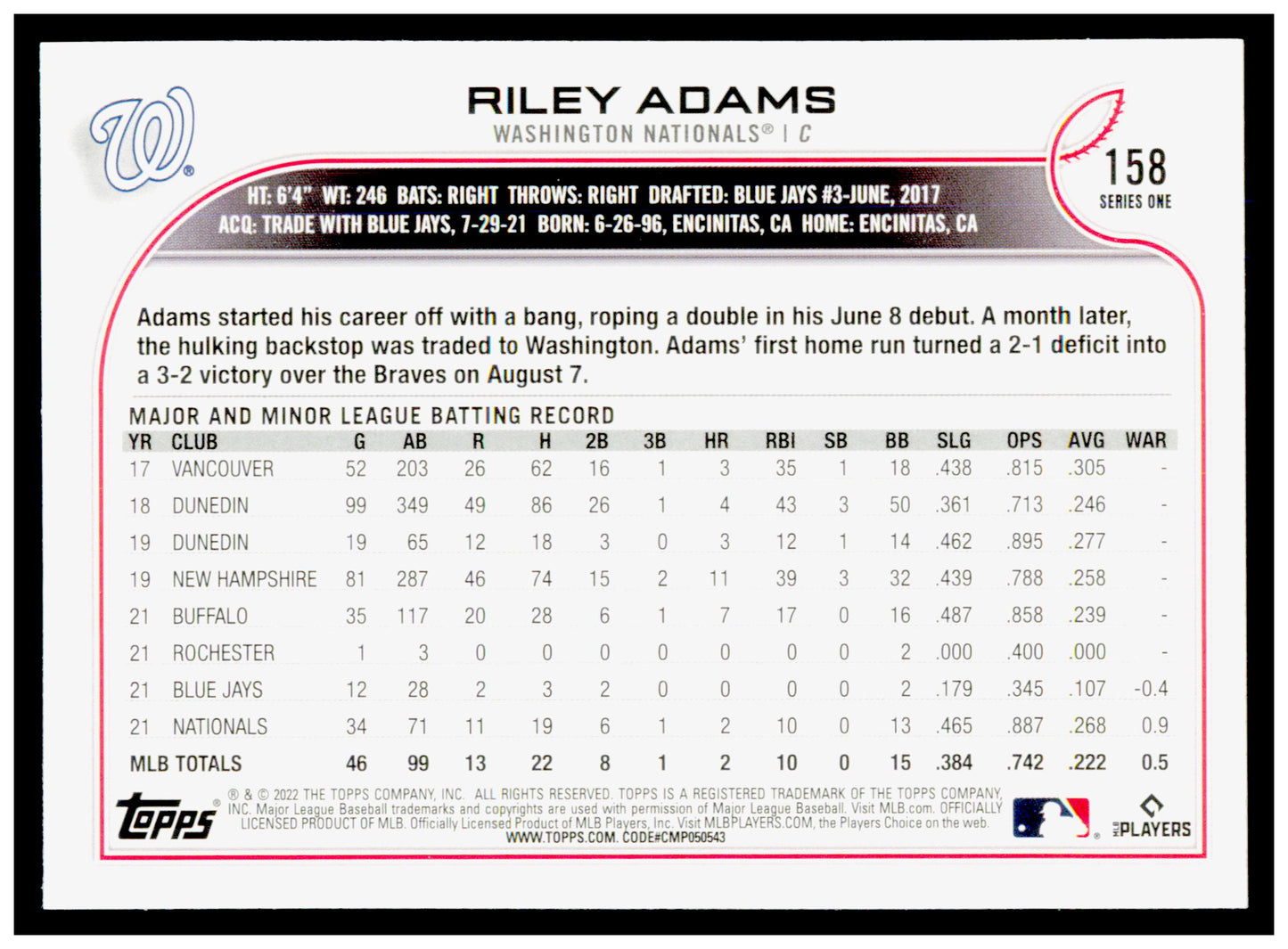 2022 Topps Riley Adams Card RC Washington Nationals #158