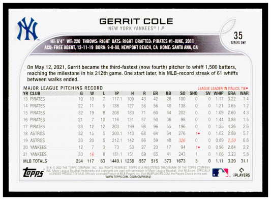 2022 Topps Gerrit Cole Card New York Yankees #35