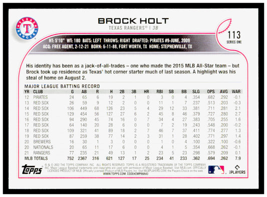 2022 Topps Brock Holt Card Texas Rangers #113