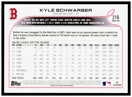 2022 Topps Kyle Schwarber Card Boston Red Sox #216