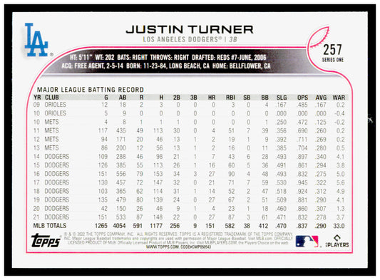 2022 Topps Justin Turner Card Los Angeles Dodgers #257
