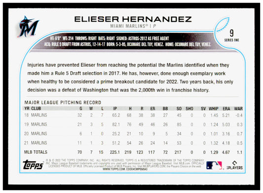 2022 Topps Elieser Hernandez Card Miami Marlins #9