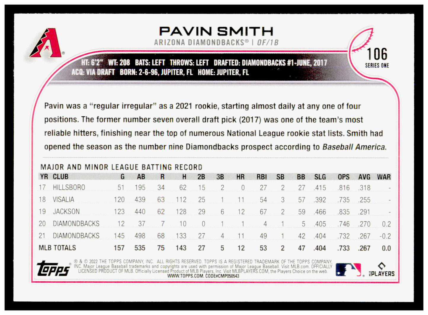 2022 Topps 1st Edition Pavin Smith Card Arizona Diamondbacks #106