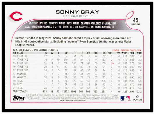 2022 Topps Sonny Gray Card Cincinnati Reds #45