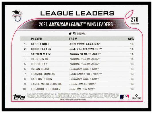 2022 Topps AL Wins Leaders Gerrit Cole / Chris Flexen / Steven Matz
