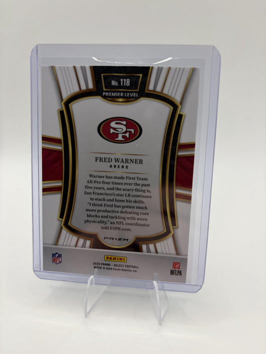 2025 Panini Select Fred Warner Card Black and Green Prizm Shock 49ers #118