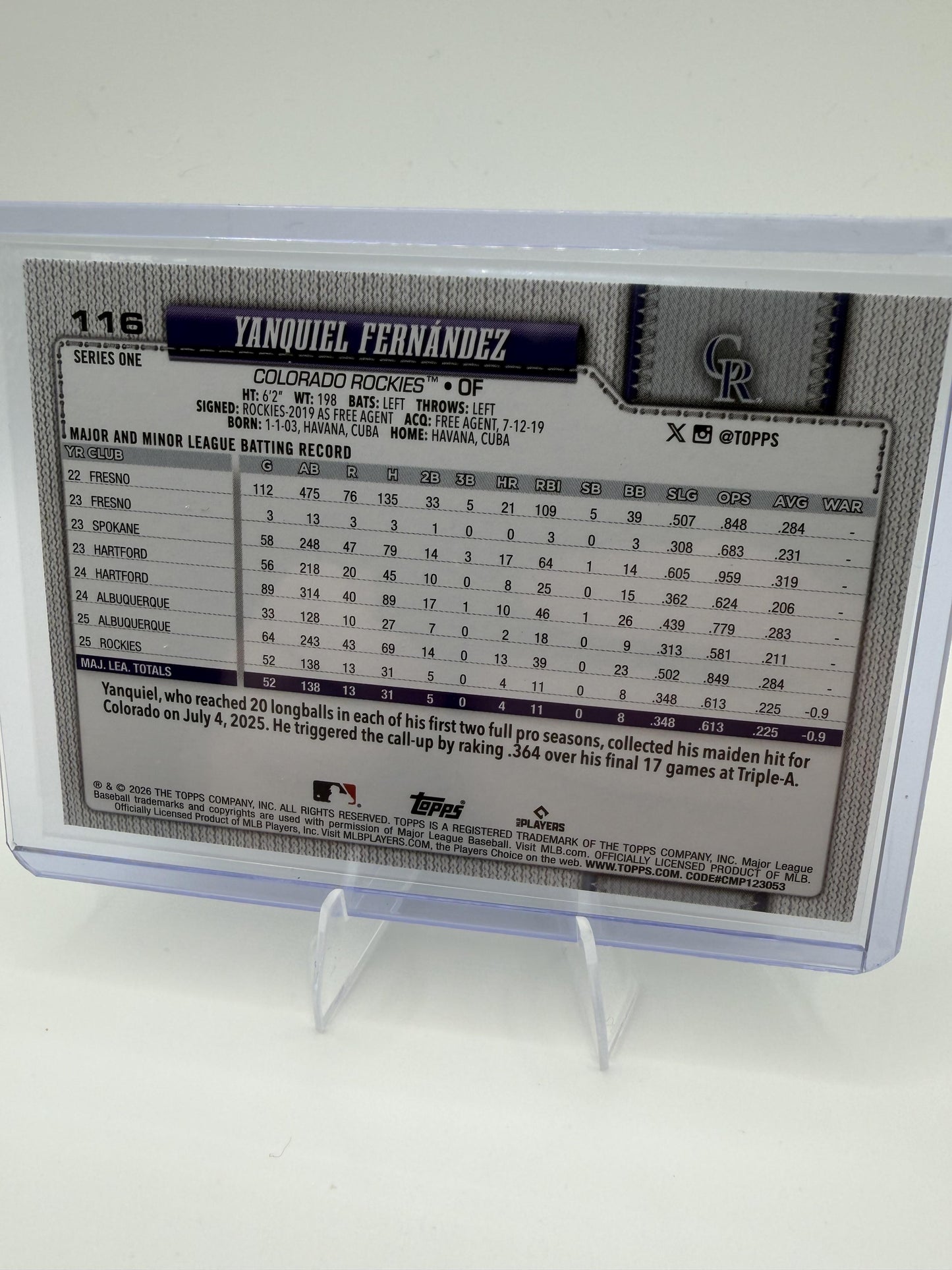 2026 Topps Yanquiel Fernández Card Green Foil Colorado Rockies #116