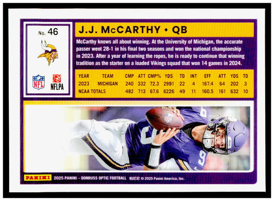 2025 Donruss Optic J.J. McCarthy Card Minnesota Vikings #46