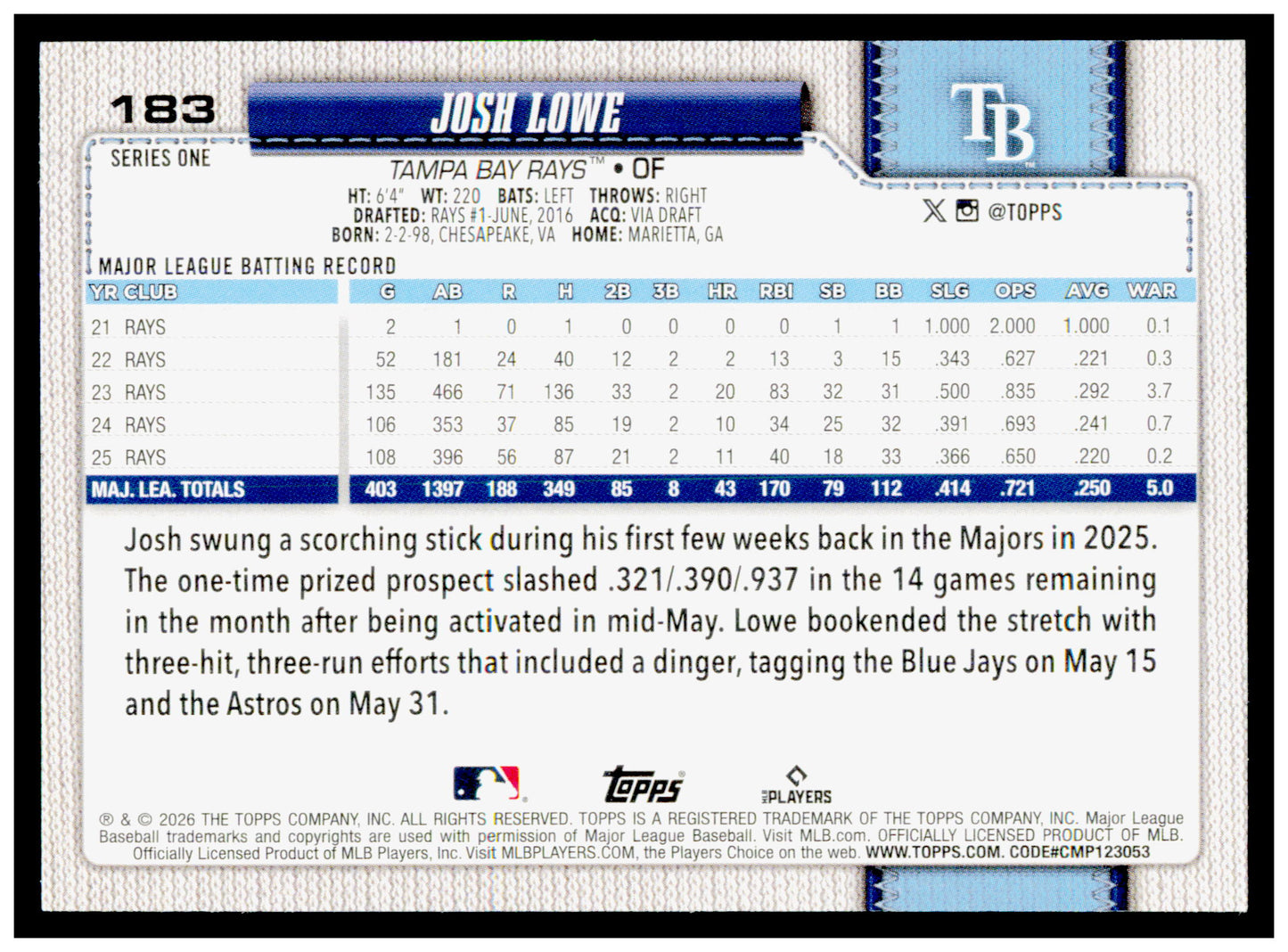2026 Topps Josh Lowe Card Tampa Bay Rays #183