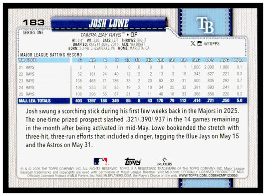 2026 Topps Josh Lowe Card Tampa Bay Rays #183