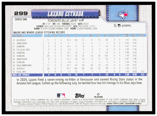 2026 Topps Lazaro Estrada Card RC Toronto Blue Jays #299