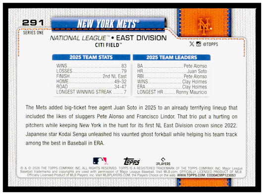 2026 Topps New York Mets Card New York Mets #291