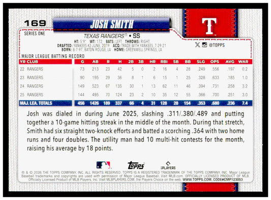 2026 Topps Josh Smith Card Texas Rangers #169