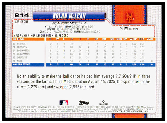 2026 Topps Nolan McLean Card RC New York Mets #214