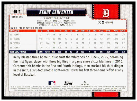 2026 Topps Kerry Carpenter Card Detroit Tigers #61