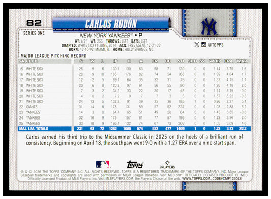 2026 Topps Carlos Rodón Card New York Yankees #82