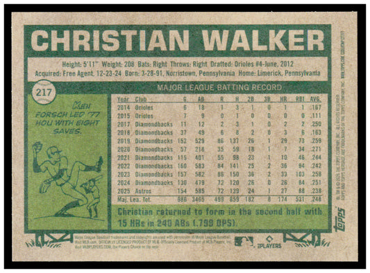 2026 Topps Heritage Christian Walker Card Houston Astros #217