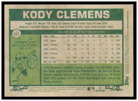 2026 Topps Heritage Kody Clemens Card Minnesota Twins #321
