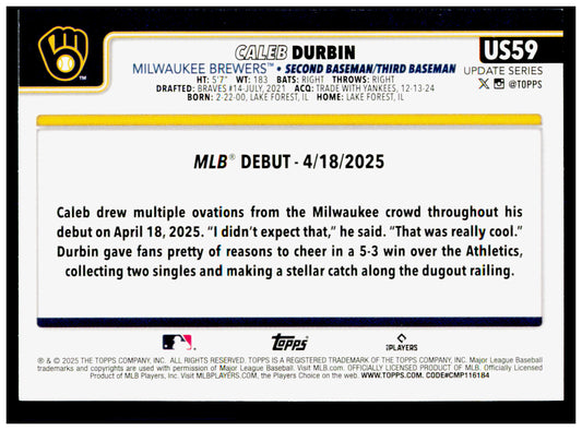 2025 Topps Update Caleb Durbin Card Milwaukee Brewers #US59