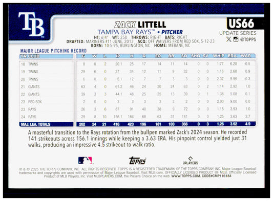 2025 Topps Update Zack Littell Card Tampa Bay Rays #US66