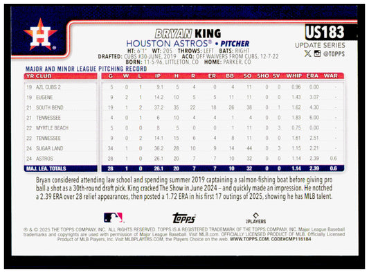2025 Topps Update Bryan King Card RC Houston Astros #US183