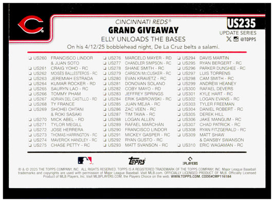 2025 Topps Update Grand Giveaway Card Cincinnati Reds #US235