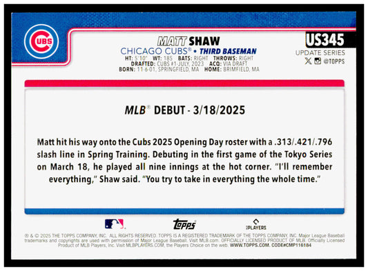 2025 Topps Update Matt Shaw Card RC Chicago Cubs