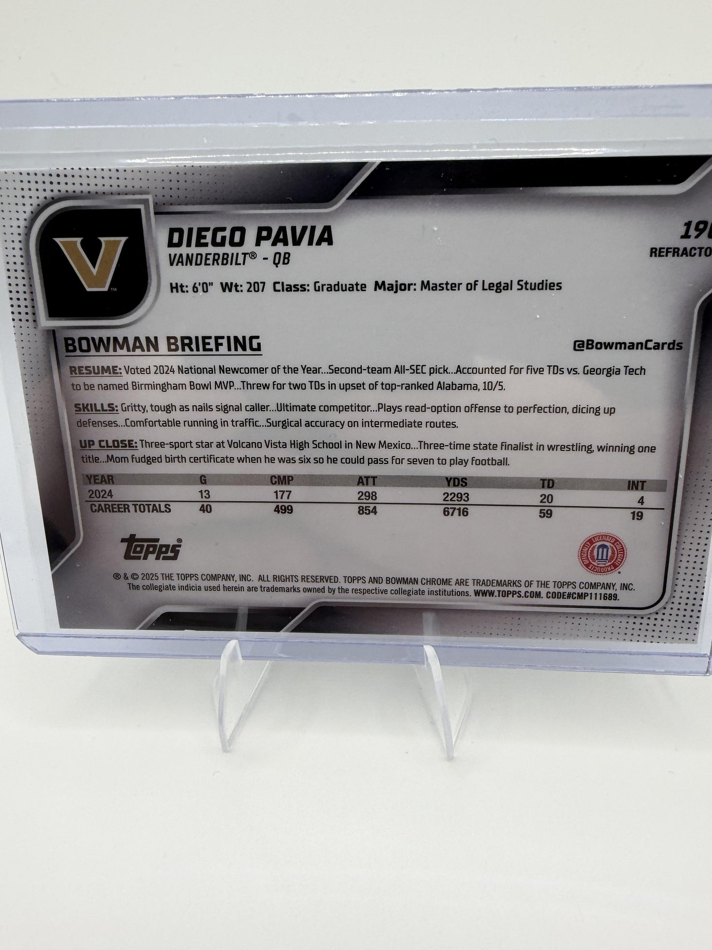 2025 Bowman University Chrome Diego Pavia 1st Bowman Refractor #190 Vanderbilt